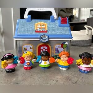 Vintage Fisher-Price Little People School Tin Carry Case + 5 Figures